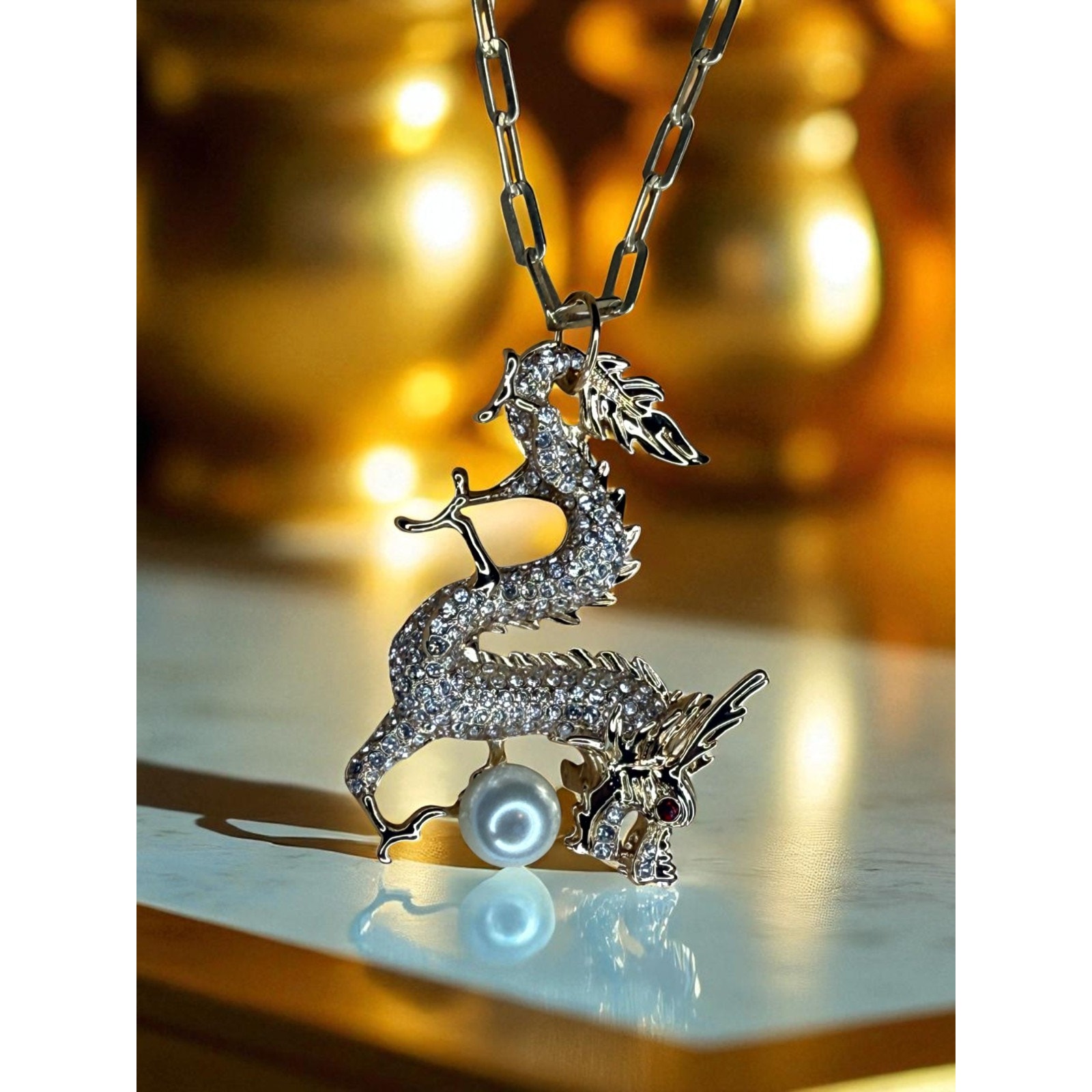 18k Gold Vermeil Women's Chain Necklace W/ Gold Tone Dragon Charm Crystal Chic